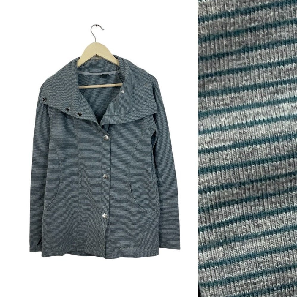 Eddie Bauer Medium Snap Jacket Cotton Blend Gray Blue Striped Womens